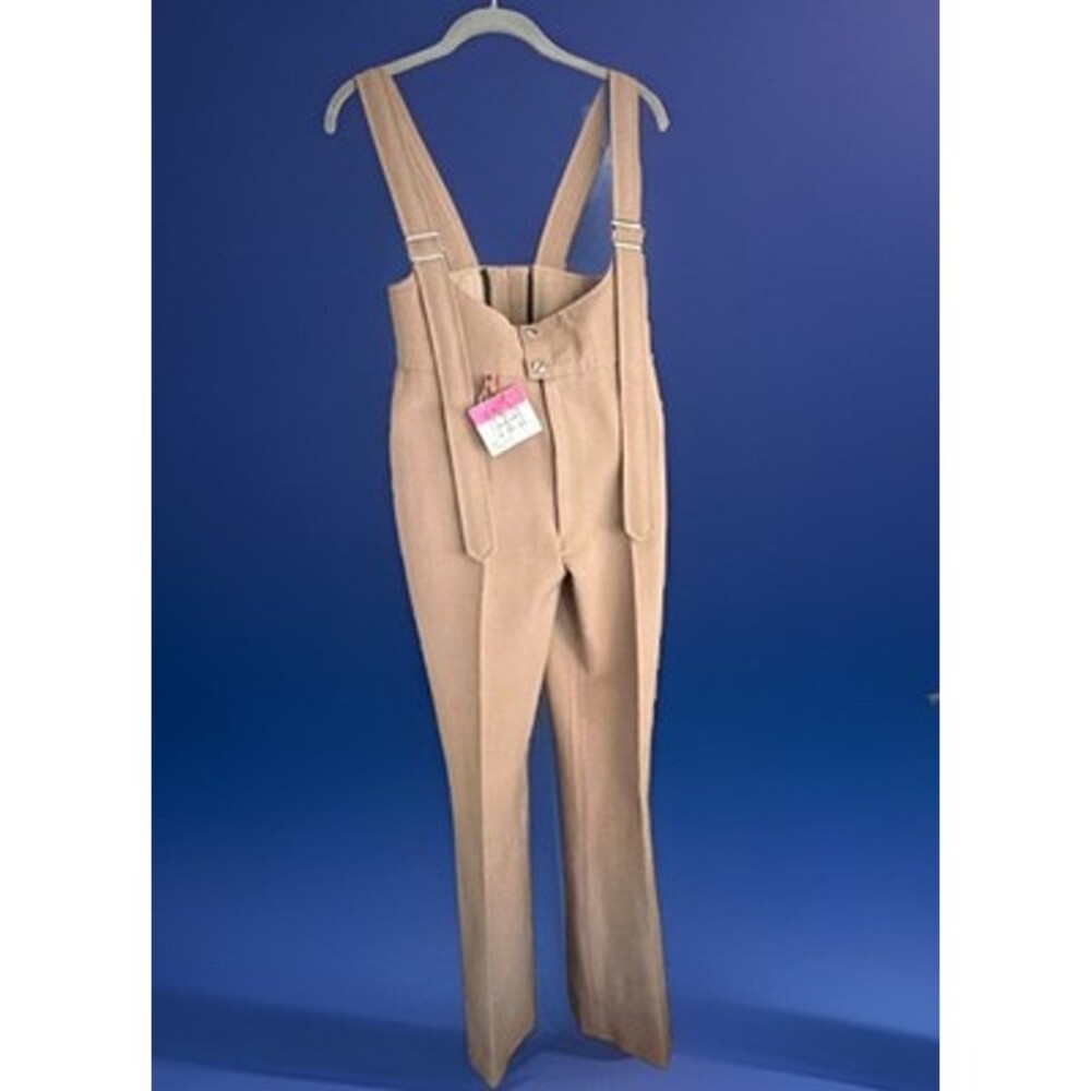 VNTG Roffe USA Womens Ski Bib Pants Wool Nylon Spandex Beige 1980s 12 W28” L30